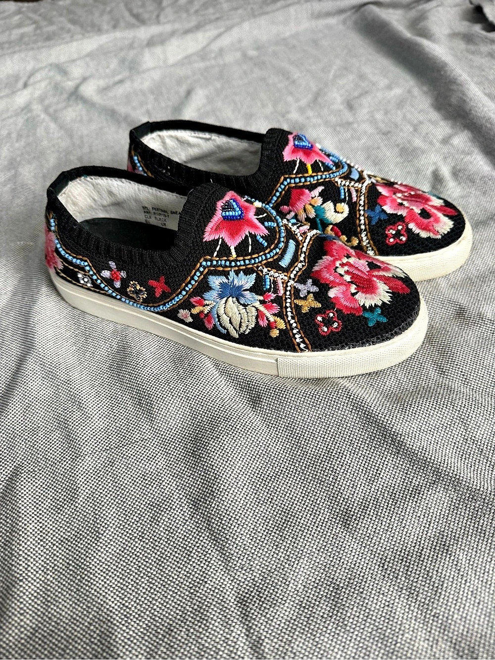 Johnny Was Embroidered Festival Sneaker Floral Slip-On Sneakers in Black & Pink